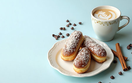 Eclairs in a plate next to a cup of cappuccino with scattered chocolate chips on a light blue...