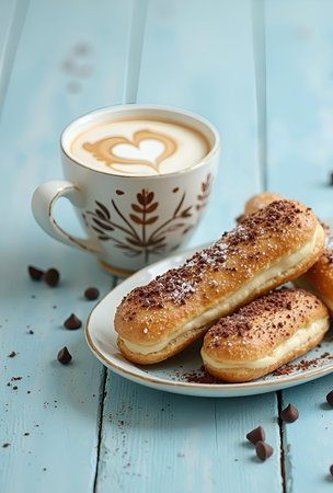 Eclairs in a plate next to a cup of cappuccino with a pattern, cinnamon sticks and scattered...