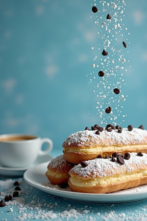 Powdered sugar and chocolate chips fall on eclairs in a plate, cappuccino next to it on a blue...