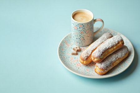 Eclairs in a plate next to a cup of cappuccino on a light blue background.