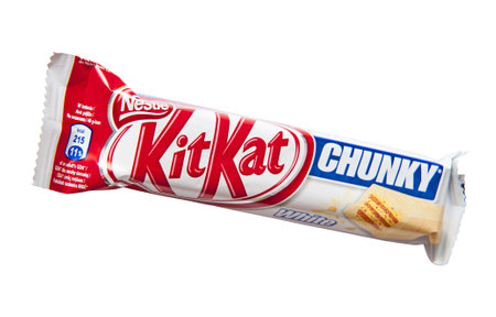 Kit Kat Chunky White candy bar with white chocolate produced by Nestle isolated on a white backgroundのeditorial素材