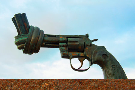 MALMO, SWEDEN - JUNE 29  A bronze sculpture Non-Violence Carl Fredrik ReuterswÃ¤rds on June 29,...