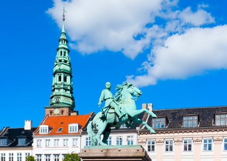 COPENHAGEN, DENMARK - JUNE 30: Absalon Monument. Statue of Bishop Axel Absalon and St. Nicholas Church, Hojbro Plads on June 30, 2014 in Copenhagen.のeditorial素材