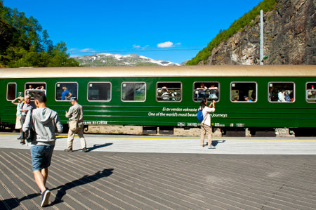 MYRDAL-FLAM, NORWAY - JULY 16, 2018: A stop at the Kjosfossen waterfall during the Flam Railway (Flamsbana) train tour of the Norway: a Nutshellのeditorial素材