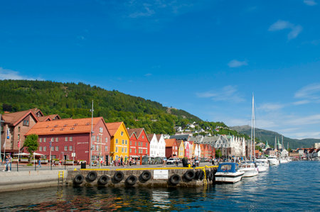 BERGEN, NORWAY - JULY 15, 2018: Bryggen - the Hanseatic commercial buildings included on UNESCO`s World Heritage Listのeditorial素材