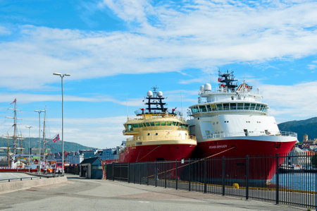 BERGEN, NORWAY - JULY 15, 2018: The Eldborg and the Skandi Bergen offshore tug / supply ships moored...