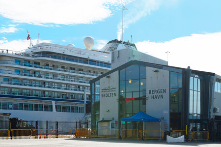 BERGEN, NORWAY - JULY 15, 2018: The Viking Sun Bergen cruise ship berthed at the Port of Bergenのeditorial素材
