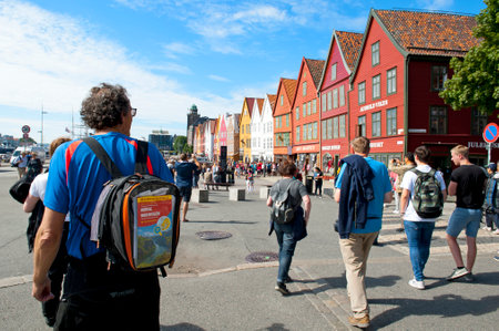 BERGEN, NORWAY - JULY 15, 2018: Bryggen - the Hanseatic commercial buildings included on UNESCO`s World Heritage Listのeditorial素材