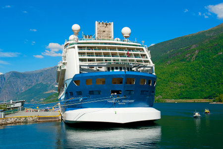FLAM - GUDVANGEN CRUISE, NORWAY - JULY 16, 2018: Breathtaking Norwegian Aurlandsfjord and Naeroyfjord - UNESCO protected fjord - cruise on Norway in a Nutshell Tour. Flam and Marella Discovery Cruise Shipのeditorial素材