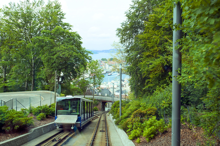 Funicular and tracks on Mount Floyen in Bergen, Norwayの写真素材