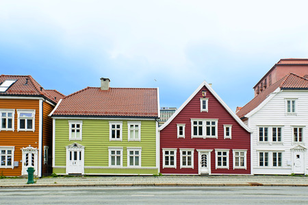 Colorful wooden houses at street Nostegaten 39-45 in Bergen, Norwayの写真素材