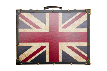 Suitcase with British flag pattern isolated on white backgroundの写真素材