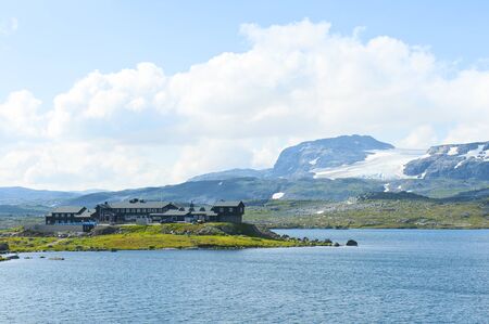 Finsehytta and beautiful mountain landscape on July 28 2019 in Finse, Norwayの写真素材