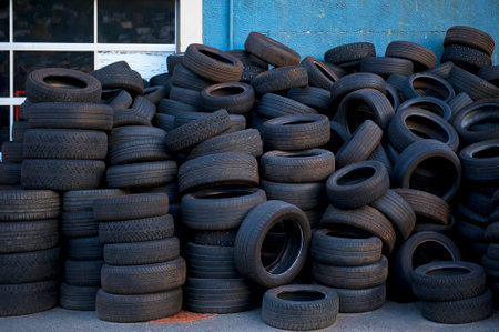 Heap of tires in front of the car workshop