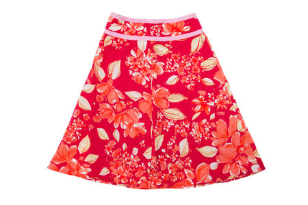 Top view of colorful skirt in floral pattern isolated on white backgroundの写真素材