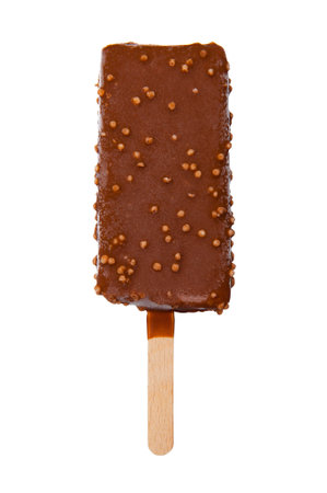 Ice cream with chocolate glaze and crunchy sprinkles isolated on white backgroundの写真素材
