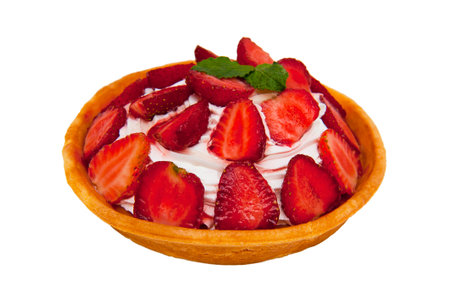 Crunchy delicious cake with whipped cream and fresh strawberries isolated on white backgroundの写真素材