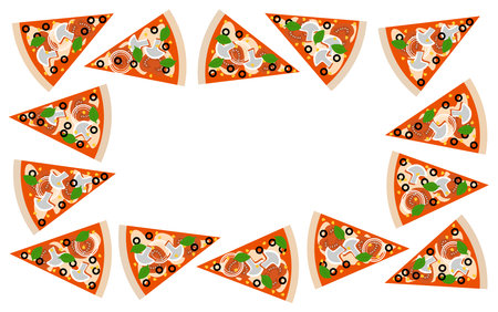 Pattern frame made of top view of pizza pieces on white backgroundのイラスト素材