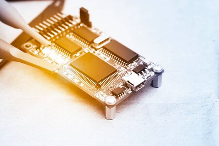 abstract background of engineering electronic circuit bord, closed up, engineering and technical experimental kit concept.の写真素材