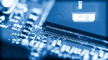 Abstract background of close-up details of electronic cpu chip with colourful  industry icon, concept of modern technology for better life, city and environment conservation.の写真素材