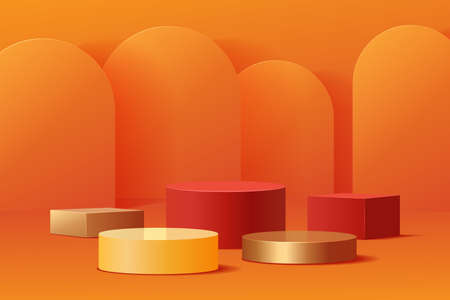 Orange 3D geometrical podium mockup display backgroundのイラスト素材