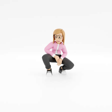 3D casual wear woman kneeling on one knee