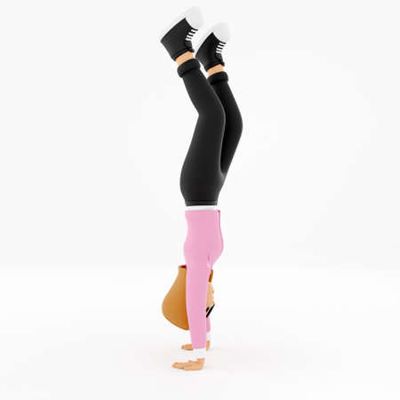 3D casual wear woman doing a hand stand