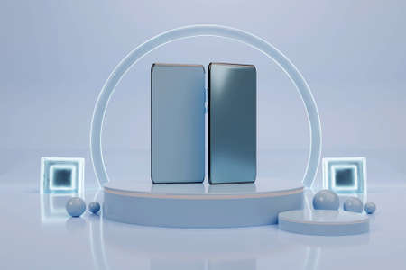 3D mobile phones displaying on podiumの写真素材