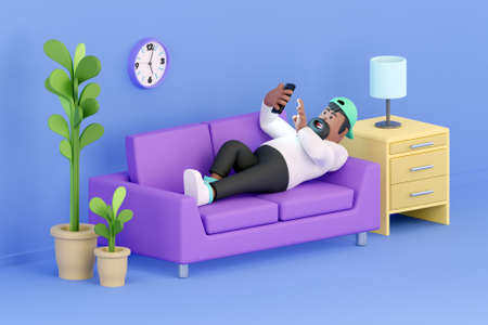3D man using his mobile phone on his sofaの写真素材