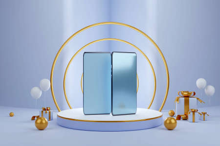 3D mobile phones displaying on podium