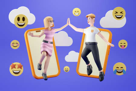 3D couple reaching out to each other from their mobile phonesの写真素材
