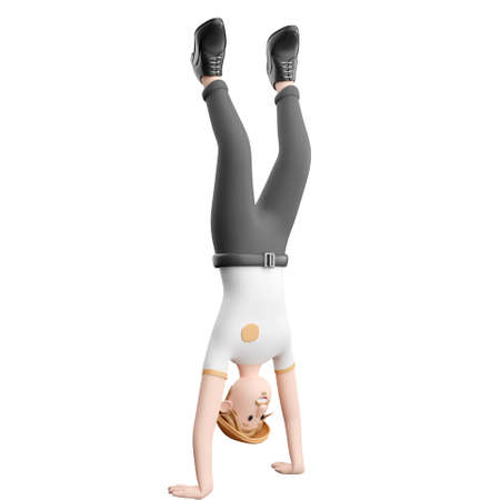 3D man in casual wear doing a hand stand