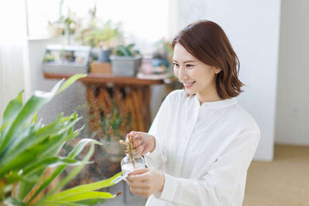 Young Asian woman spraying water on the plantの写真素材