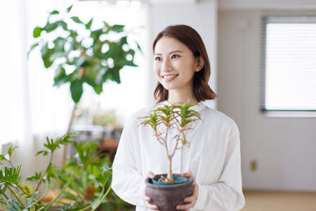 Young Asian woman holding a plantの写真素材