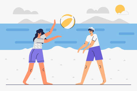 Two people playing volleyball at the beachのイラスト素材