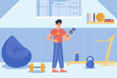 Man bodybuilding at homeのイラスト素材