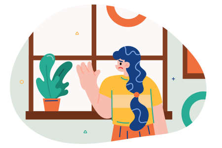 Unhappy woman looking through the windowのイラスト素材