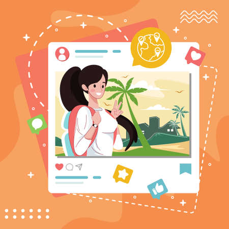 Social media post with traveling girlのイラスト素材