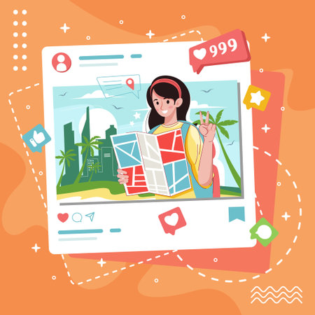 Social media post with traveling girlのイラスト素材