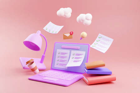3D laptop and books