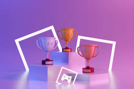 3D trophies on podiumsの写真素材