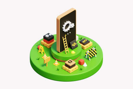 3D mobile app construction conceptの写真素材