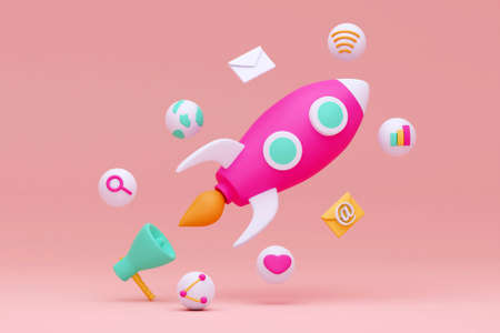 3D rocket with social media concept