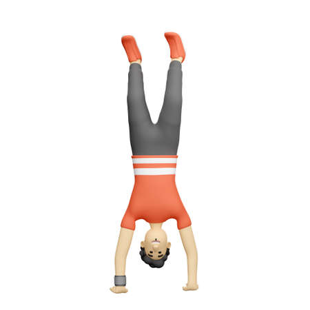 3D man with curly hair doing a handstand