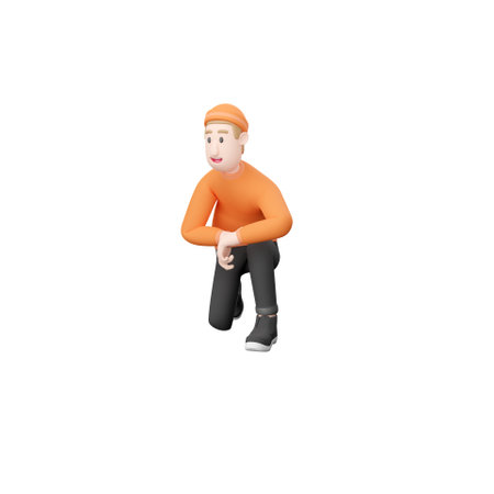 3D man with beanie kneeling on one knee