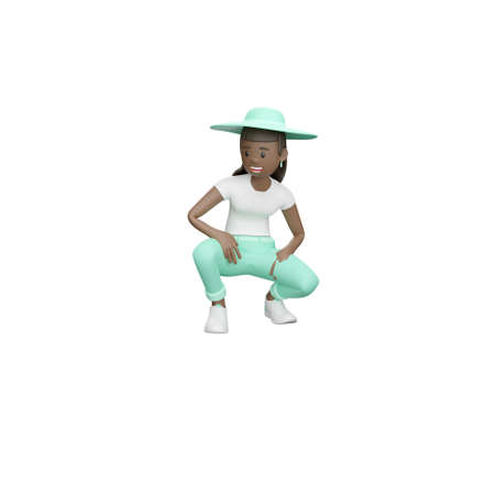 3D woman with hat kneeling on one knee
