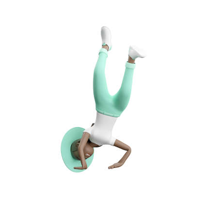 3D woman with hat doing a handstand