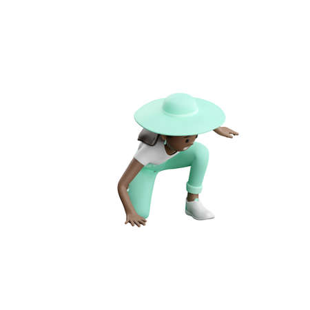 3D woman with hat kneeling on one knee
