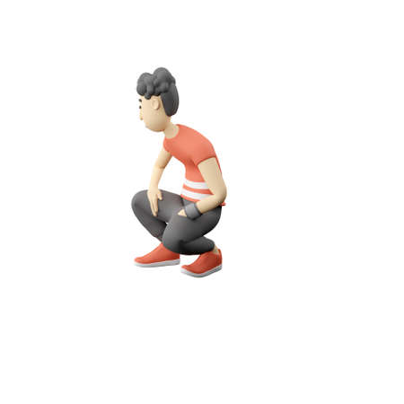 3D man with curly hair kneeling on one knee
