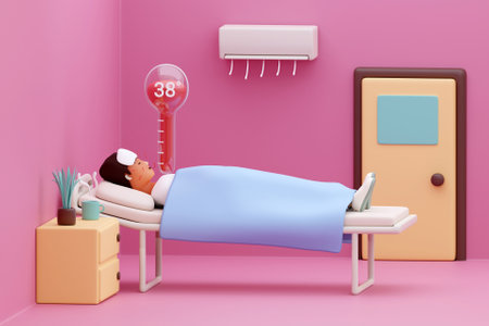 3D patient with fever in hospital wardの写真素材